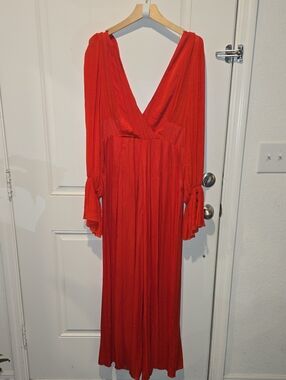 Free People Red V-Neck Long Sleeve Maxi Jumper -